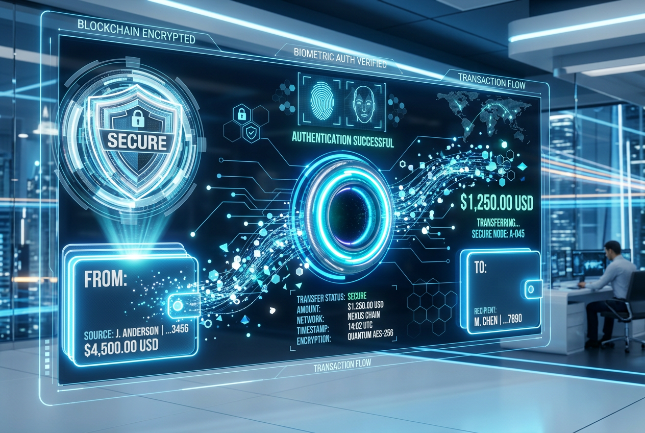 Futuristické digitální rozhraní PayPal 2026 s biometrickým zabezpečením a vizualizací plateb
